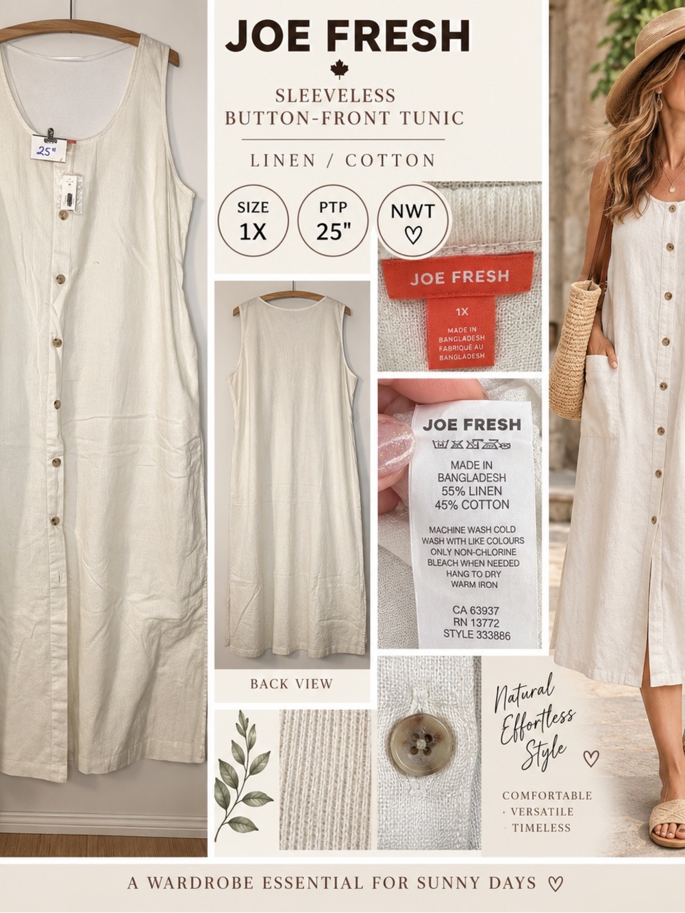 Joe Fresh Natural Beige Linen-Cotton Sleeveless Button-Front Tunic Dress